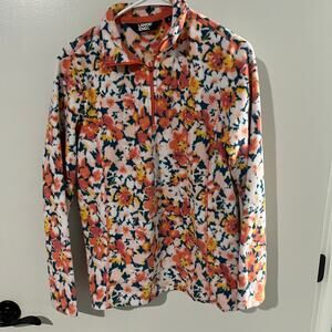 Lands End Floral Fleece Qtr Zip Pullover Womens SM Pink Multicolorcoastal Preppy